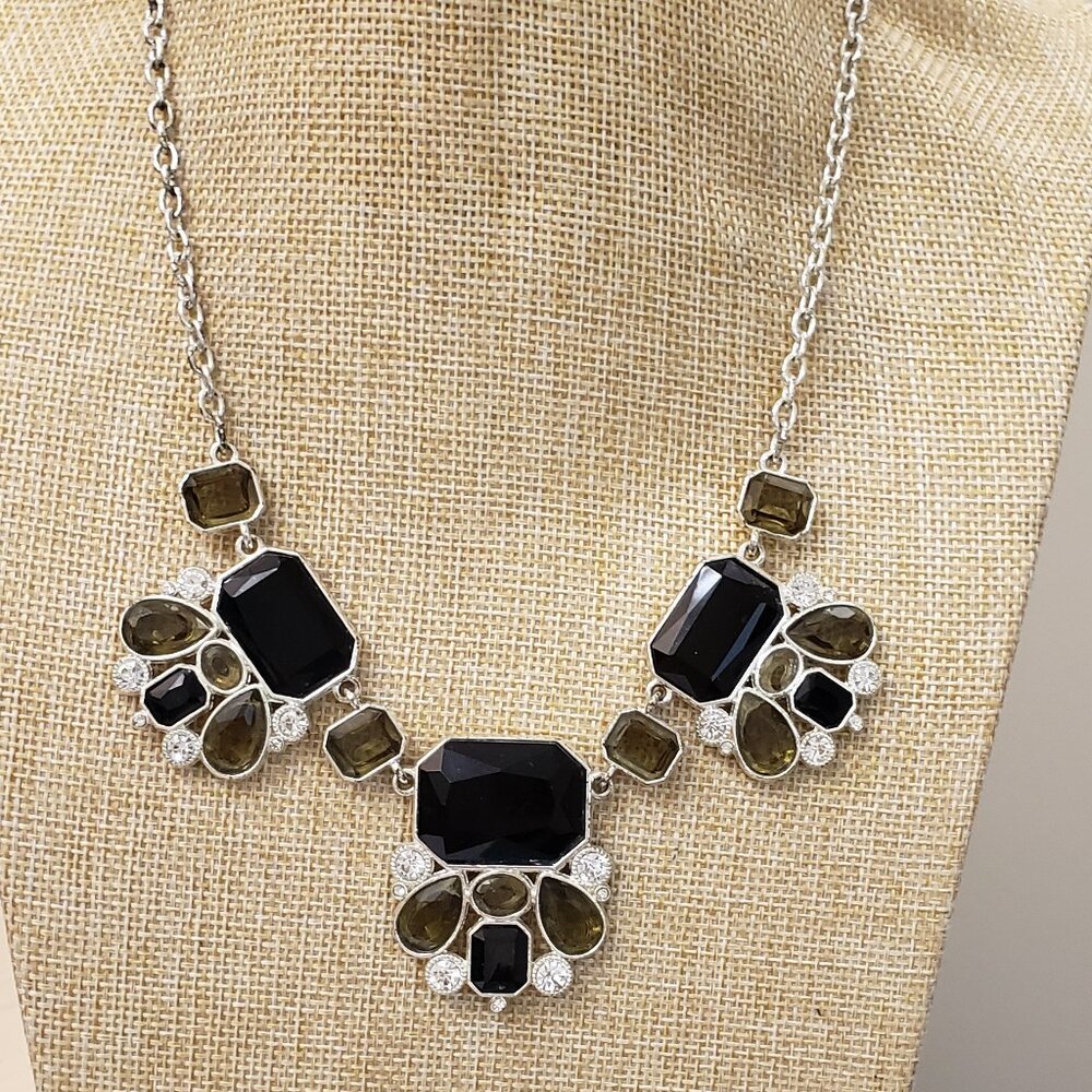 Chaps, silver tone green brown clear crystal rhinestone statement necklace